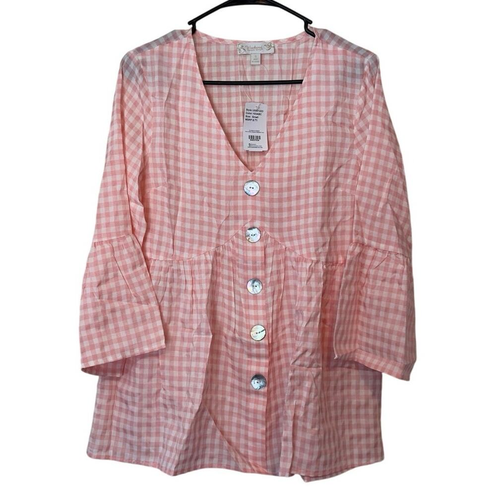 NWT Weekend Suzanne Betro Blouse Gingham Flowy Sleeve Size S Pink White Coquette